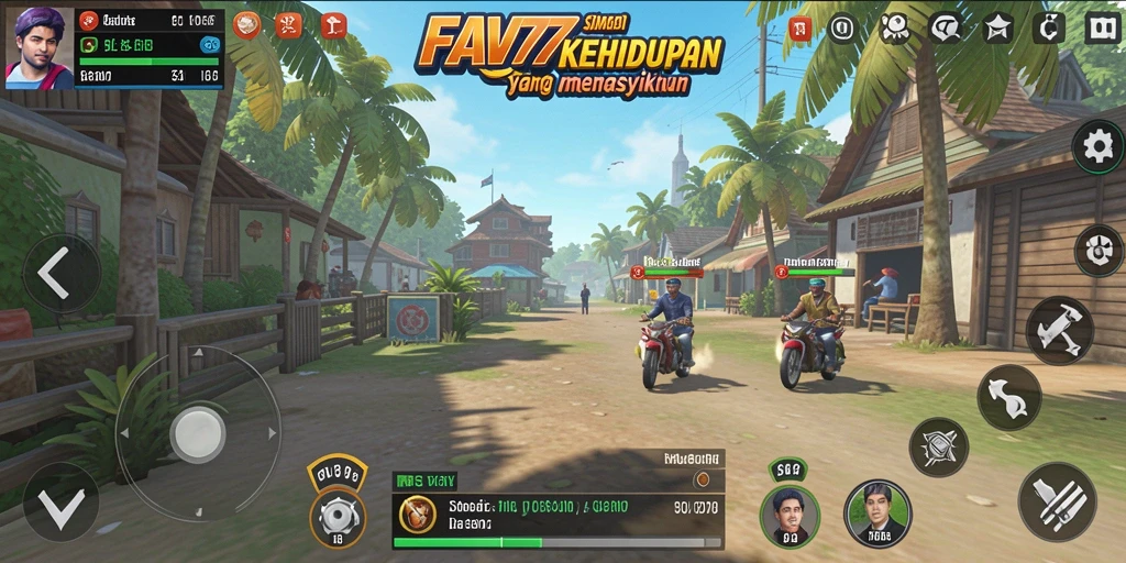 Screenshot FAV77 menampilkan karakter dalam dunia simulasi yang hidup.