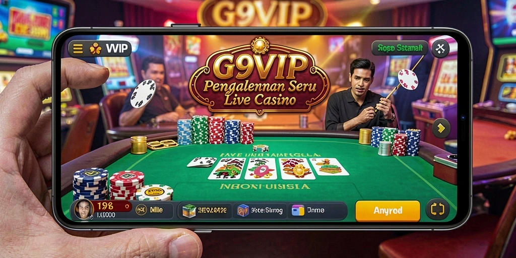 Screenshot gameplay G9VIP menampilkan dealer langsung dan suasana kasino yang menarik.