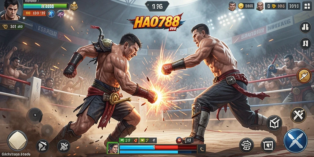 Tampilan gameplay HAO788 dengan karakter bertarung dalam arena yang penuh aksi.