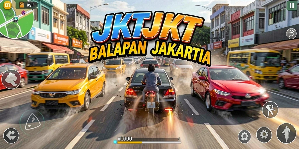 Tangkapan layar utama <strong>JKTJKT</strong> menampilkan aksi balapan yang mendebarkan di jalanan Jakarta.