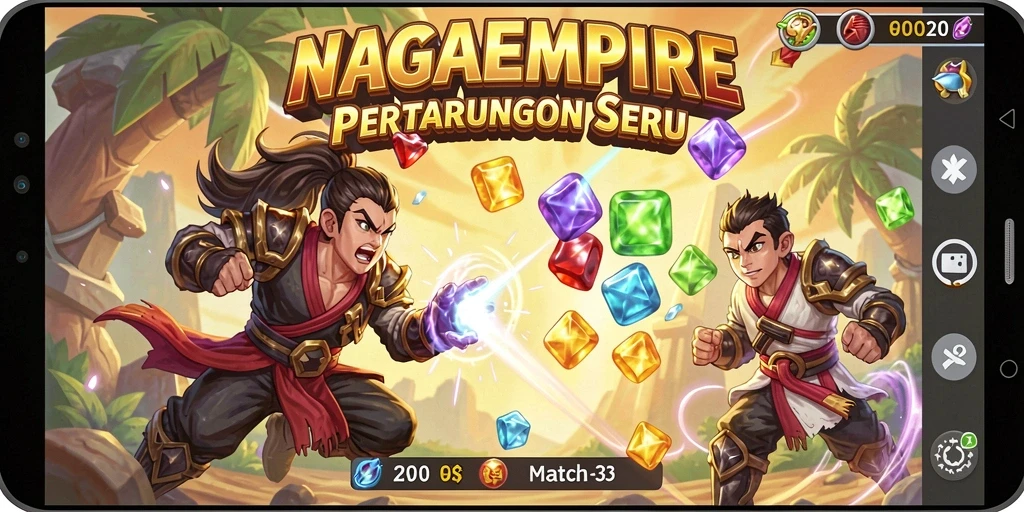 Tampilan menawan gameplay NAGAEMPIRE yang melibatkan pencocokan batu permata.