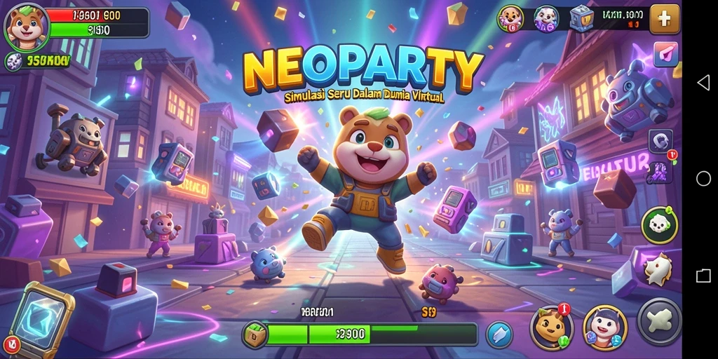 Tampilan gameplay NEOPARTY yang penuh warna dan imajinatif.