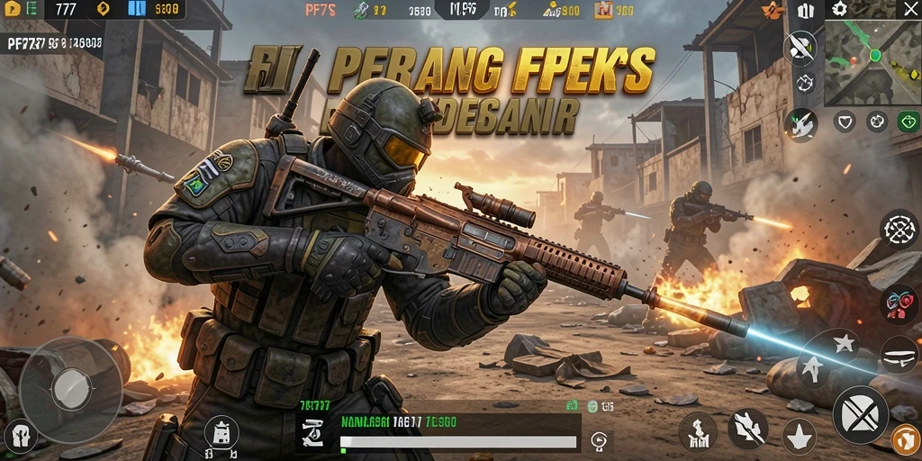 Screeshot gameplay PF777 menampilkan aksi tembak-menembak yang intens dan grafis menawan.