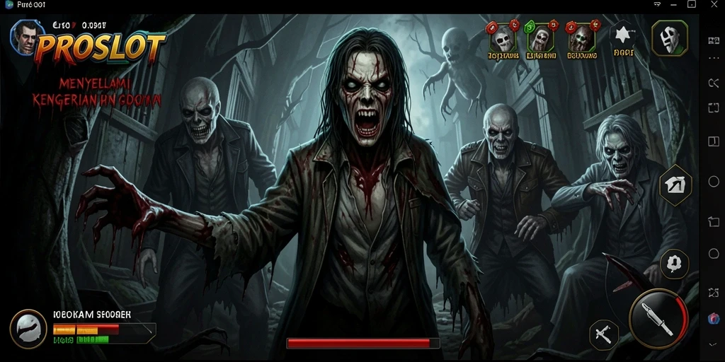 Screenshot gameplay PROSLOT menampilkan suasana mencekam dan makhluk menyeramkan.