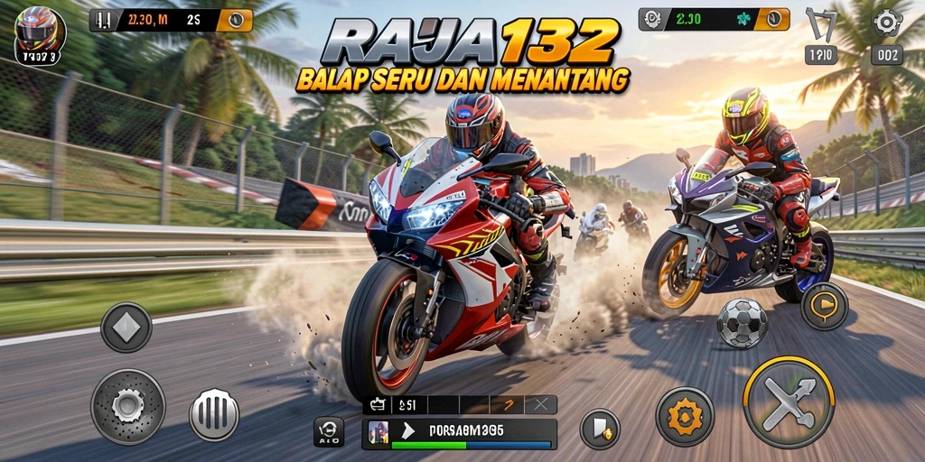 Tampilan gameplay seru RAJA132 saat balapan motor.