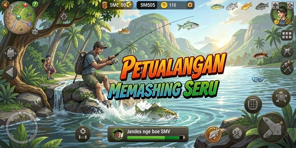 Tampilan gameplay SM605 yang menampilkan momen memancing yang seru.