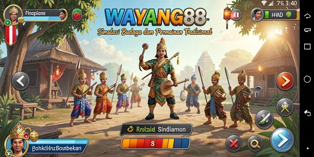 Tangkapan layar utama WAYANG88 menampilkan karakter wayang dalam aksi.